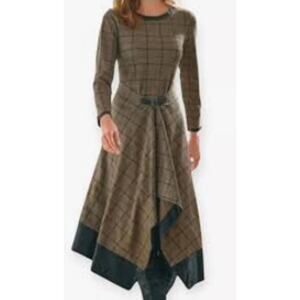 Soft Surroundings Women Large Brown Plaid/ Faux Leather Accent Wrap A-line Dress